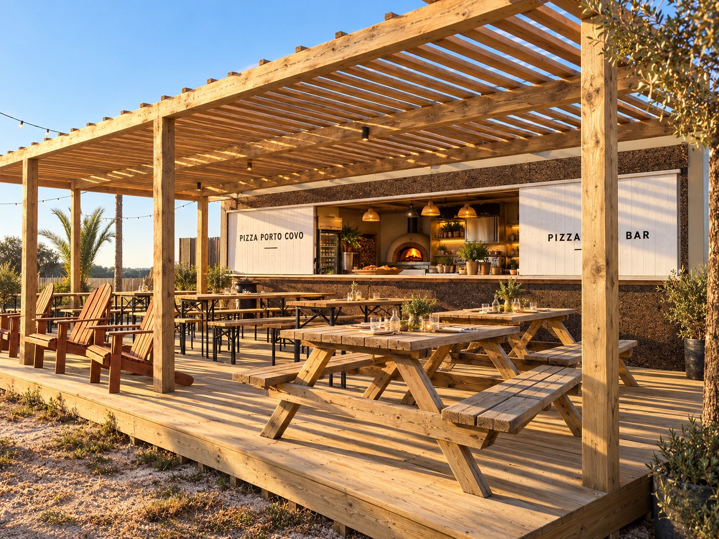 A esplanada do Pizza Bar ao pôr do sol: pérgola de madeira, mesas corridas, cadeiras de madeira e o forno a lenha aceso ao fundo