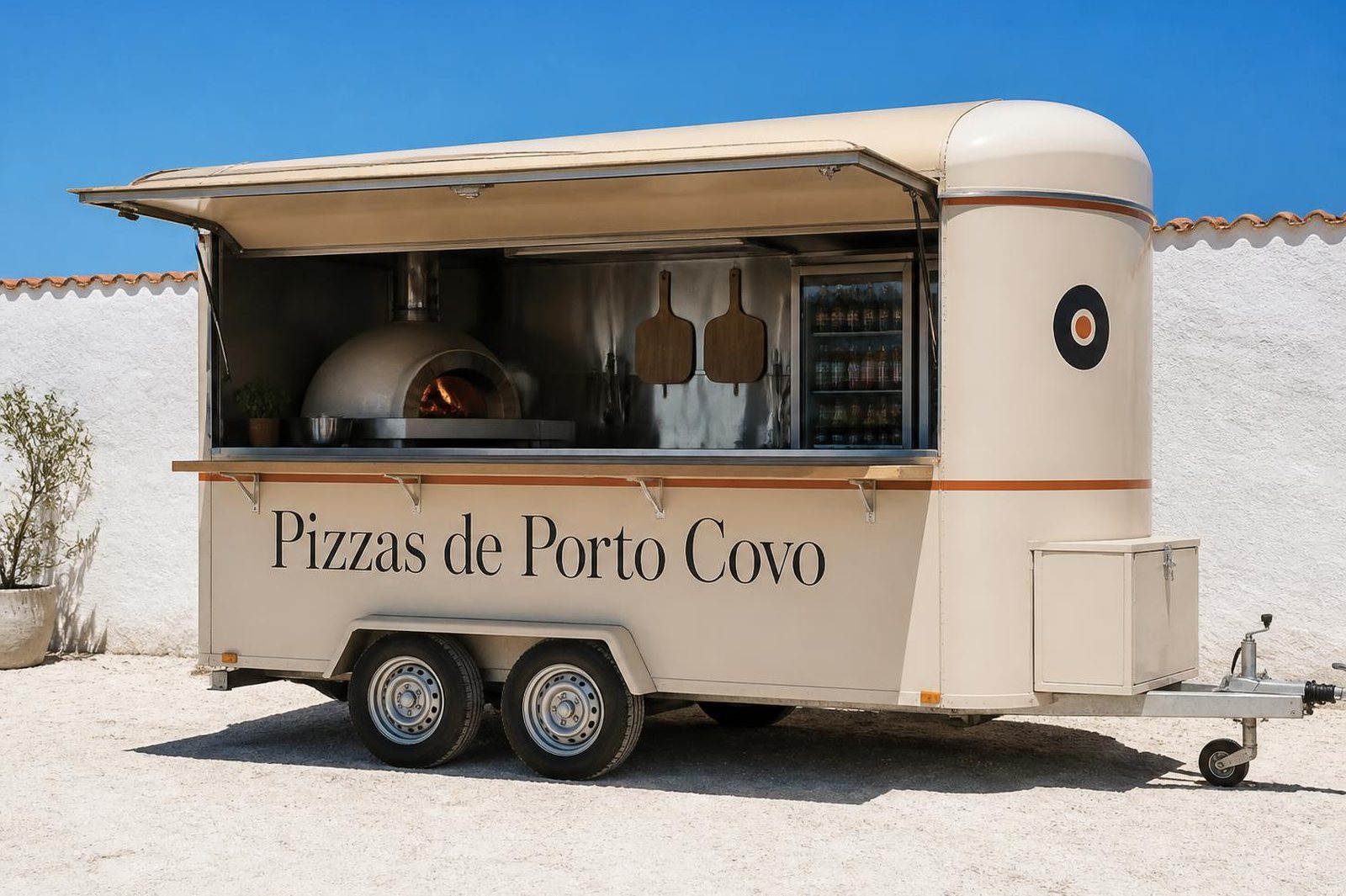 O atrelado creme das Pizzas de Porto Covo, com a portinhola aberta e o forno aceso, junto a um muro caiado